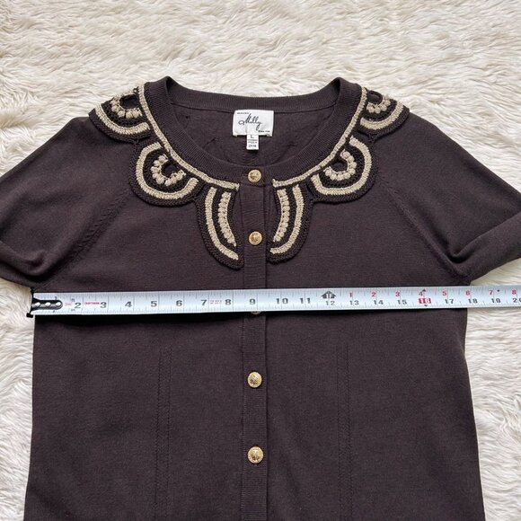 Milly of New York Cardigan Sweater Large Brown Silk Gold Crochet Embroidery Chic - Picture 12 of 15